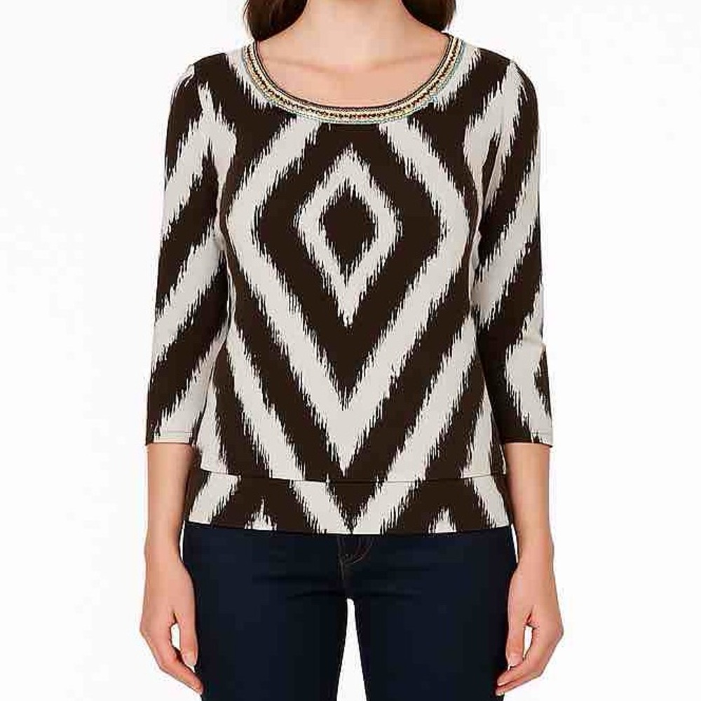 Travelers by Chico’s Geo Banded Beaded Blouse Brown White Size S